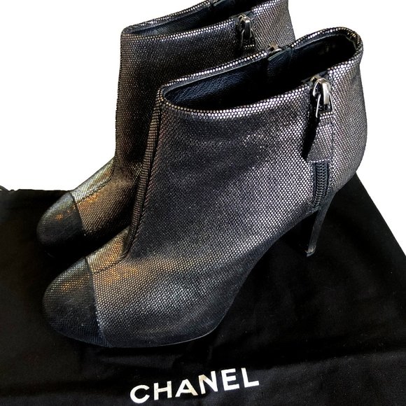 CHANEL Metallic Black & Gray Cap-Toe Ankle Boots - Picture 1 of 5